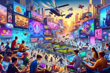 Cena vibrante mostrando gamers usando diferentes dispositivos em um ambiente urbano com anúncios digitais de produtos variados, refletindo a influência dos jogos na publicidade em 2023